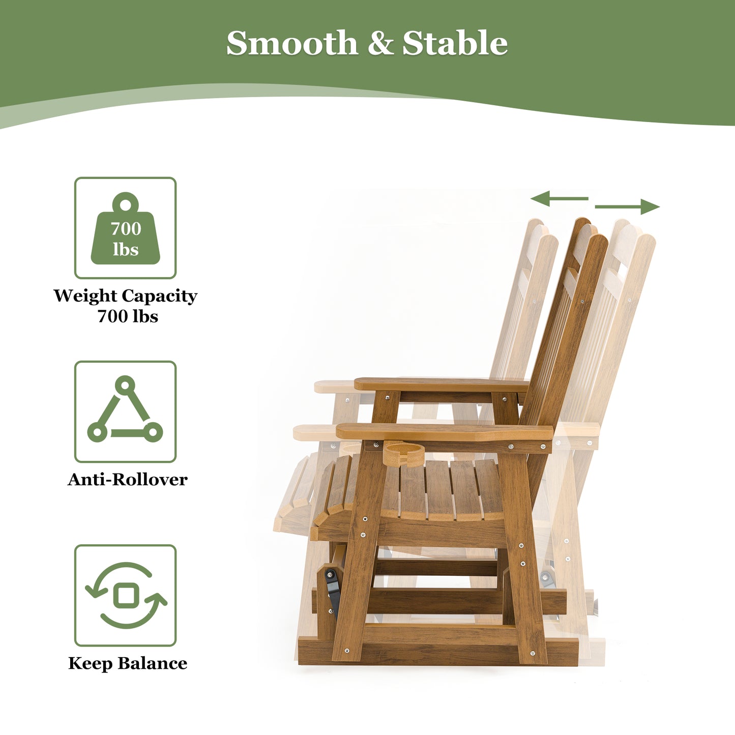 Fortune Candy 1-Person Poly Lumber Patio Glider, with Cup Holders, High Backrest and Deep Contoured Seat, HIPS Material (Cedar Tone)