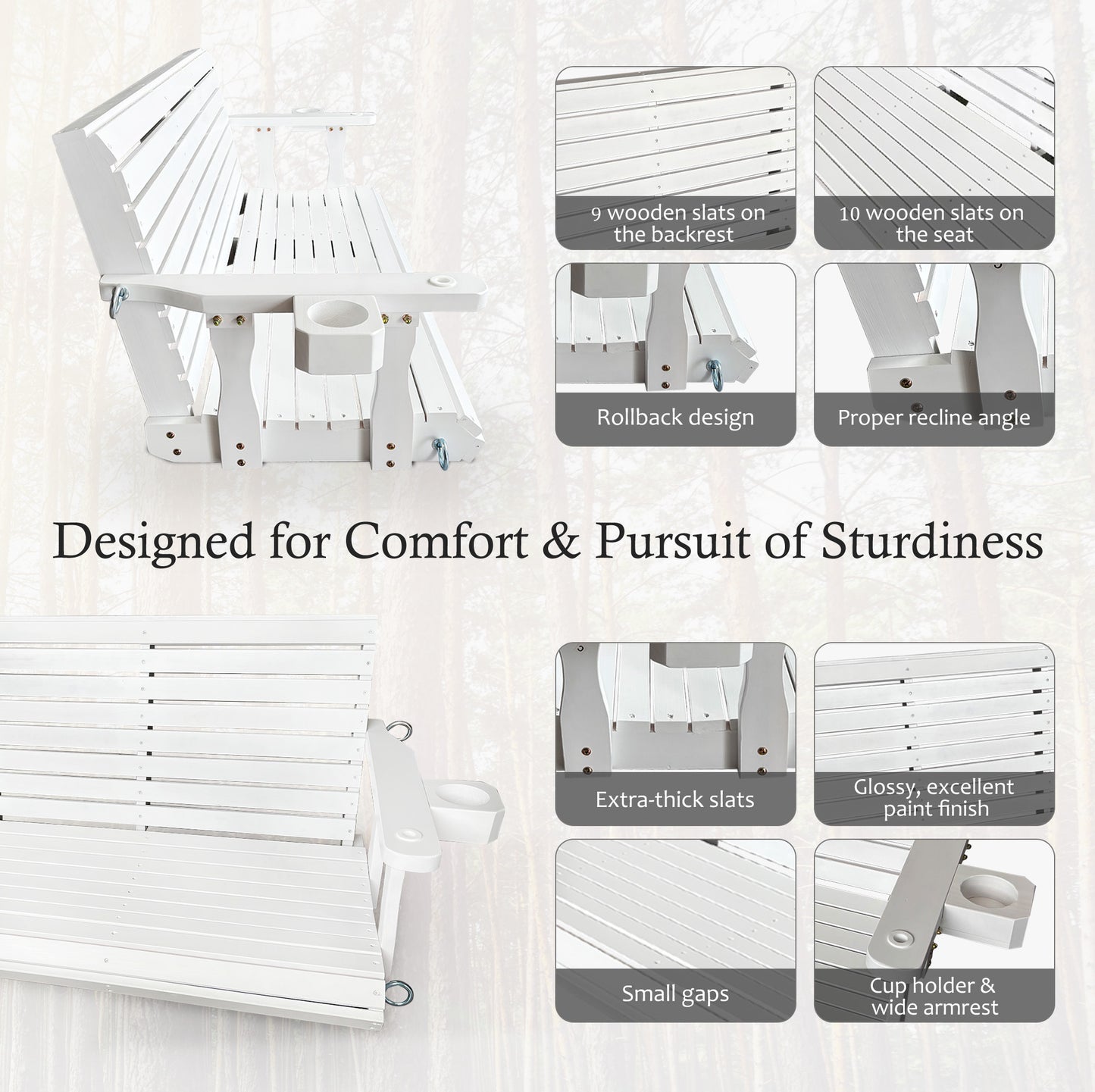 Fortune Candy 5 ft. Wooden Porch Swing 2-Seater for Outdoor Patio Garden Yard (White)