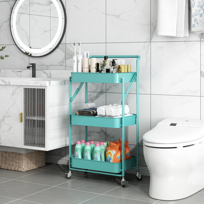 Fortune Candy Foldable 3-Tier Rolling Utility Cart, No-Assembly Multipurpose Storage Organizer with Handle for Home or Office, Green