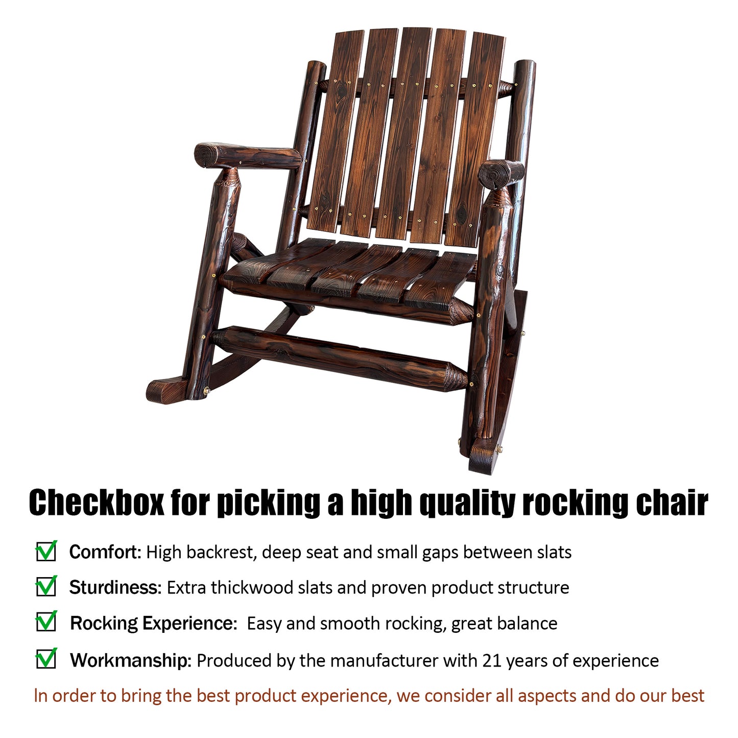 Fortune Candy 32.4 in. Rustic Log Handcrafted Solid Fir Wood, 1 Person, 700 lb Capacity, Slat Back Outdoor Rocking Chair, Brown