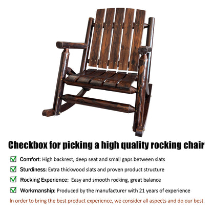 Fortune Candy 32.4 in. Rustic Log Handcrafted Solid Fir Wood, 1 Person, 700 lb Capacity, Slat Back Outdoor Rocking Chair, Brown