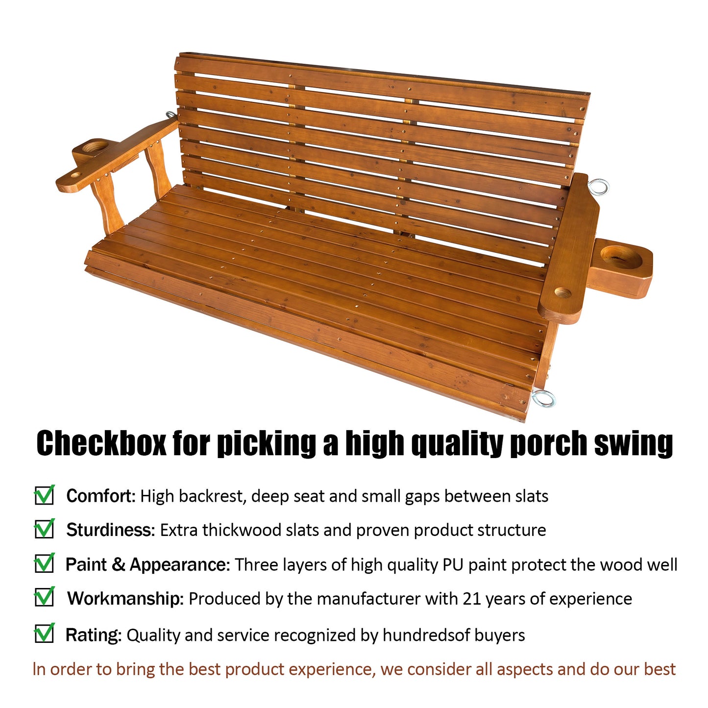 Fortune Candy 5 ft. Wooden Porch Swing 2-Seater for Outdoor Patio Garden Yard (Cedar Tone)