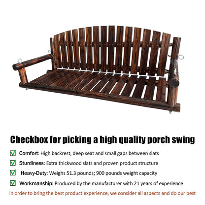 Fortune Candy 5 FT Fir Wood Porch Swing, Rustic Handcrafted Heavy-Duty Outdoor Hanging Bench, 900 LBS Capacity