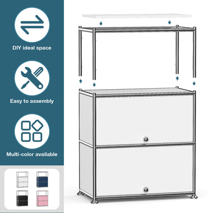 Fortune Candy 3 Tier Metal Storage Cabinet with Doors, Modern Organizer, Open Shelf for Dining Room or Living Space, White