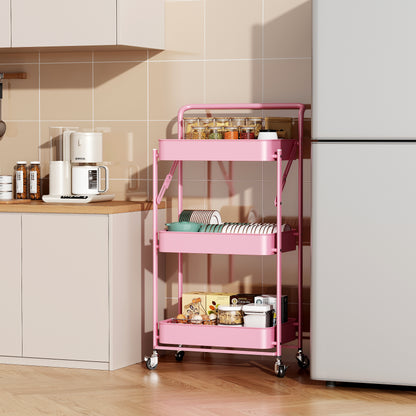 Fortune Candy Foldable 3-Tier Rolling Utility Cart, No-Assembly Multipurpose Storage Organizer with Handle for Home or Office, Pink