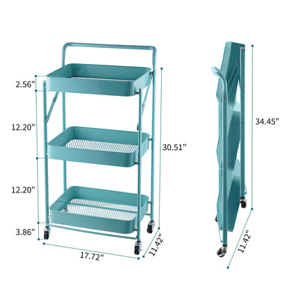 Fortune Candy Foldable 3-Tier Rolling Utility Cart, No-Assembly Multipurpose Storage Organizer with Handle for Home or Office, Green