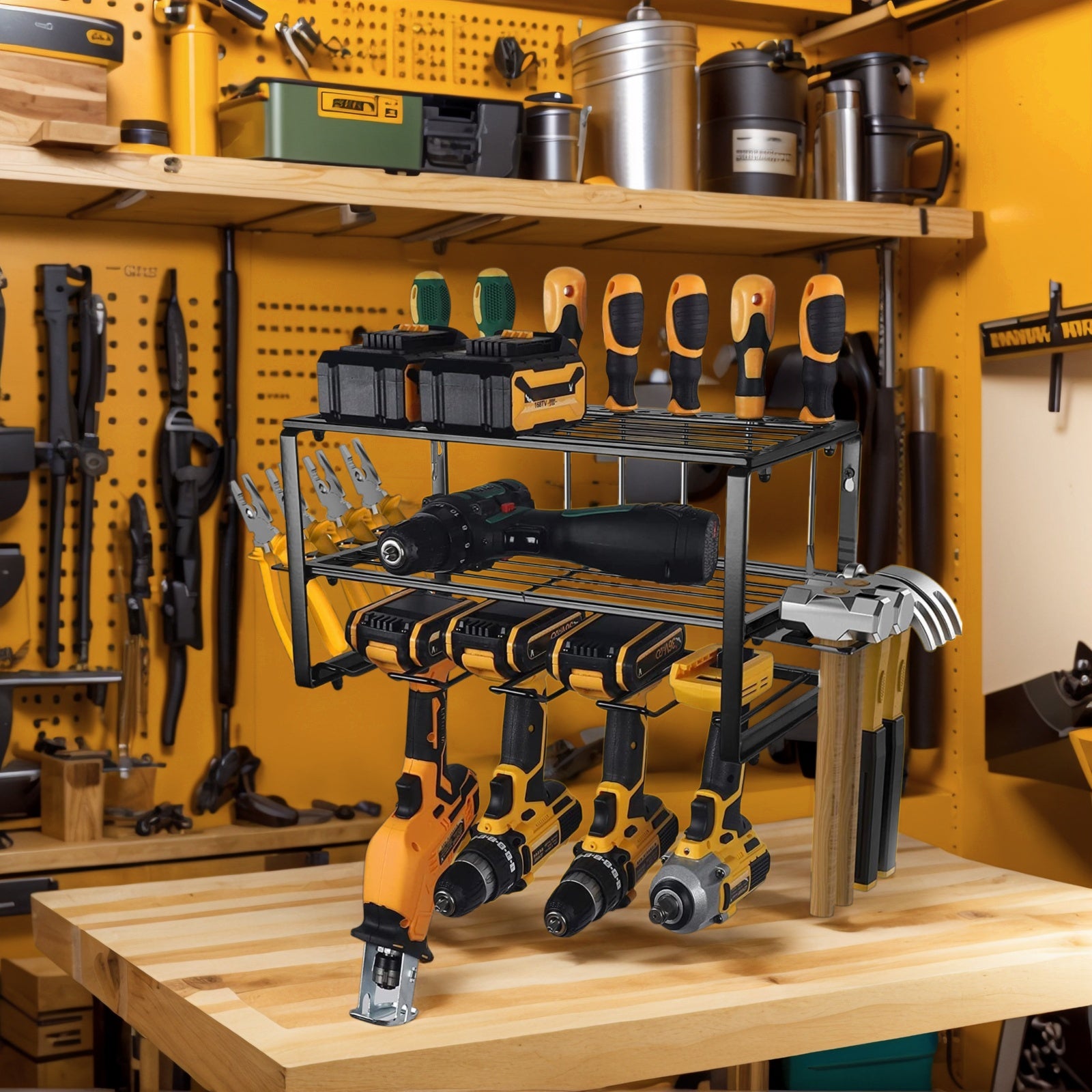 Fortune Candy 2-Tier Tool Organizer Wall Mount, 4 Slots for Cordless tool Storage, Utility Rack Suitable for Garage/Workshop/Pegboard, 1 SET