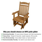 Fortune Candy 1-Person Poly Lumber Patio Glider, with Cup Holders, High Backrest and Deep Contoured Seat, HIPS Material (Cedar Tone)