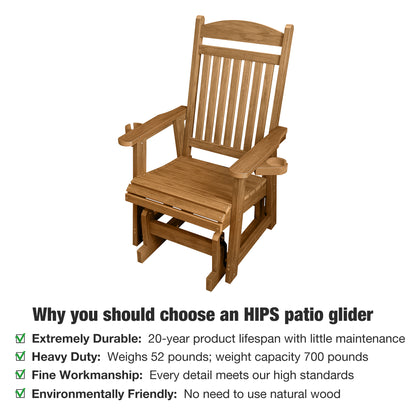 Fortune Candy 1-Person Poly Lumber Patio Glider, with Cup Holders, High Backrest and Deep Contoured Seat, HIPS Material (Cedar Tone)