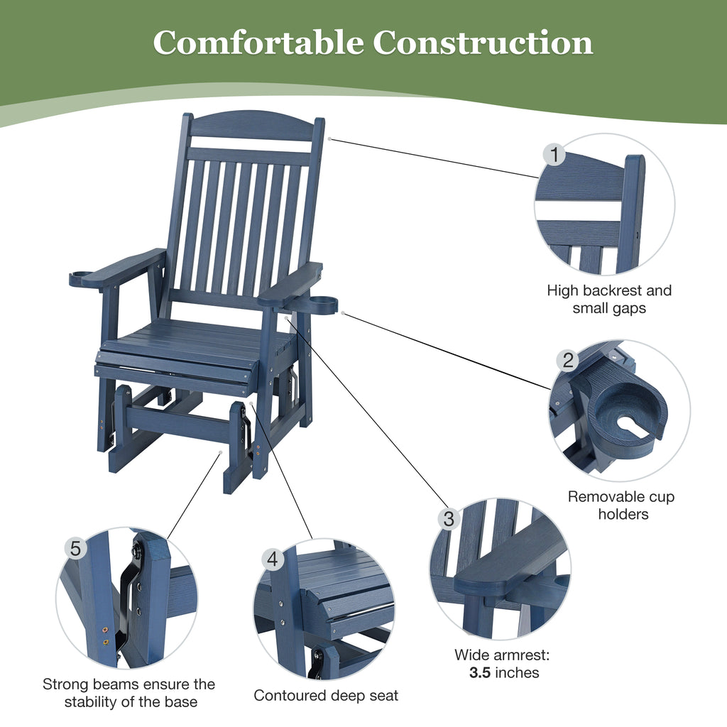 Fortune Candy 1 Person Poly Lumber Patio Glider, with Cup Holders, High Backrest and Deep Contoured Seat, HIPS Material (Navy Blue)