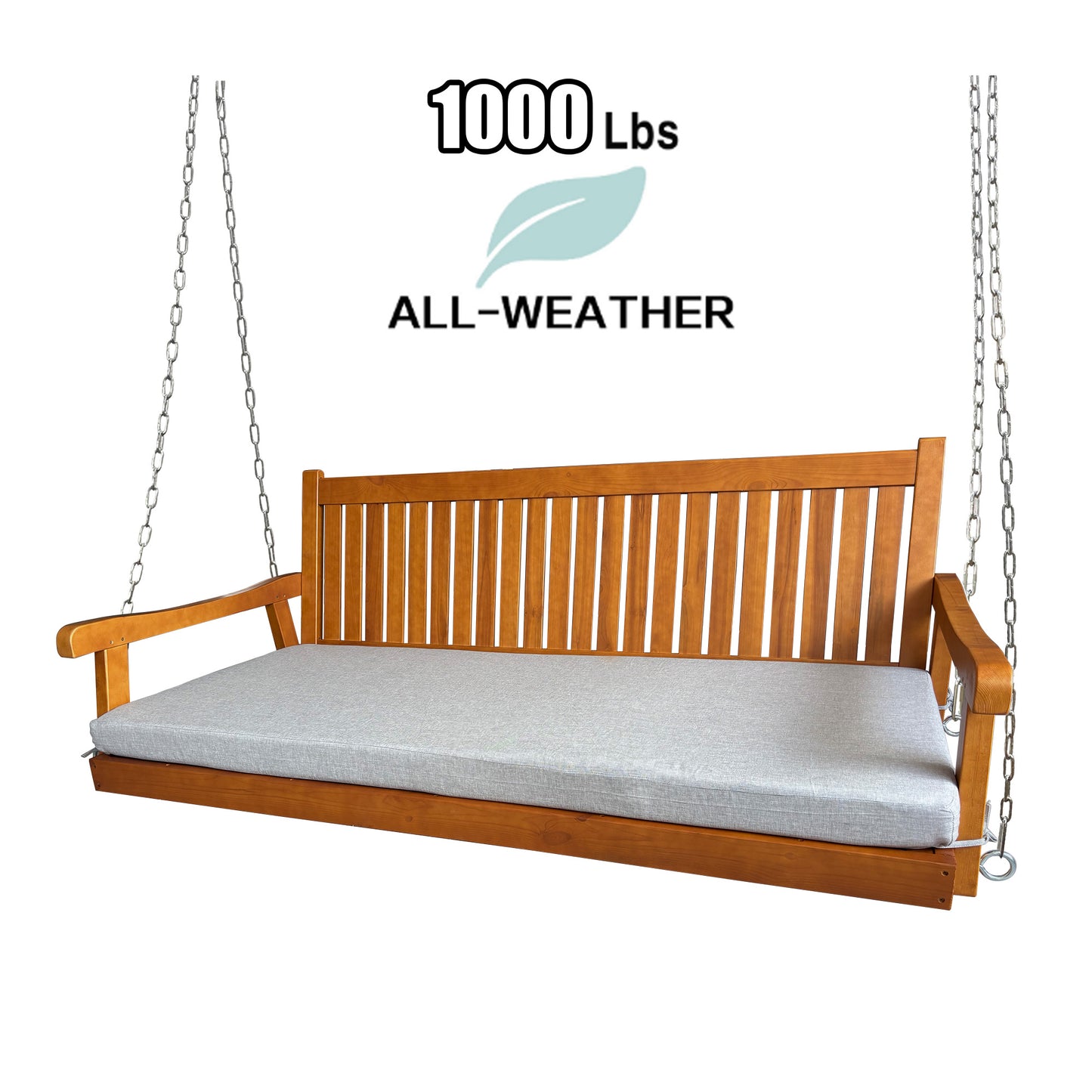 Fortune Candy 75.1 in. Solid Fir Wood Frame Porch Swing Bed with Thick Cushion-Outdoor Hanging Daybed, Teak, Heavy Duty 1000 LBS
