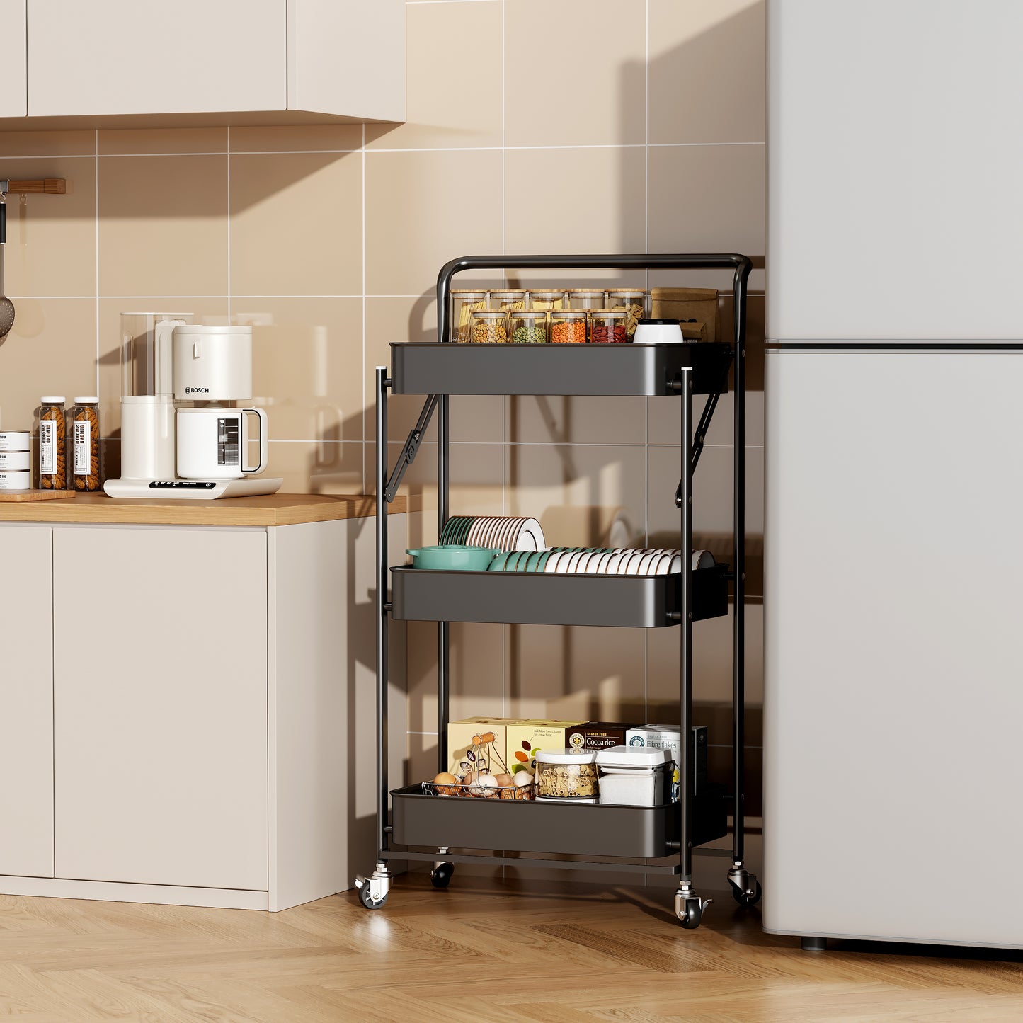 Fortune Candy Foldable 3-Tier Rolling Utility Cart, No-Assembly Multipurpose Storage Organizer with Handle for Home or Office, Black