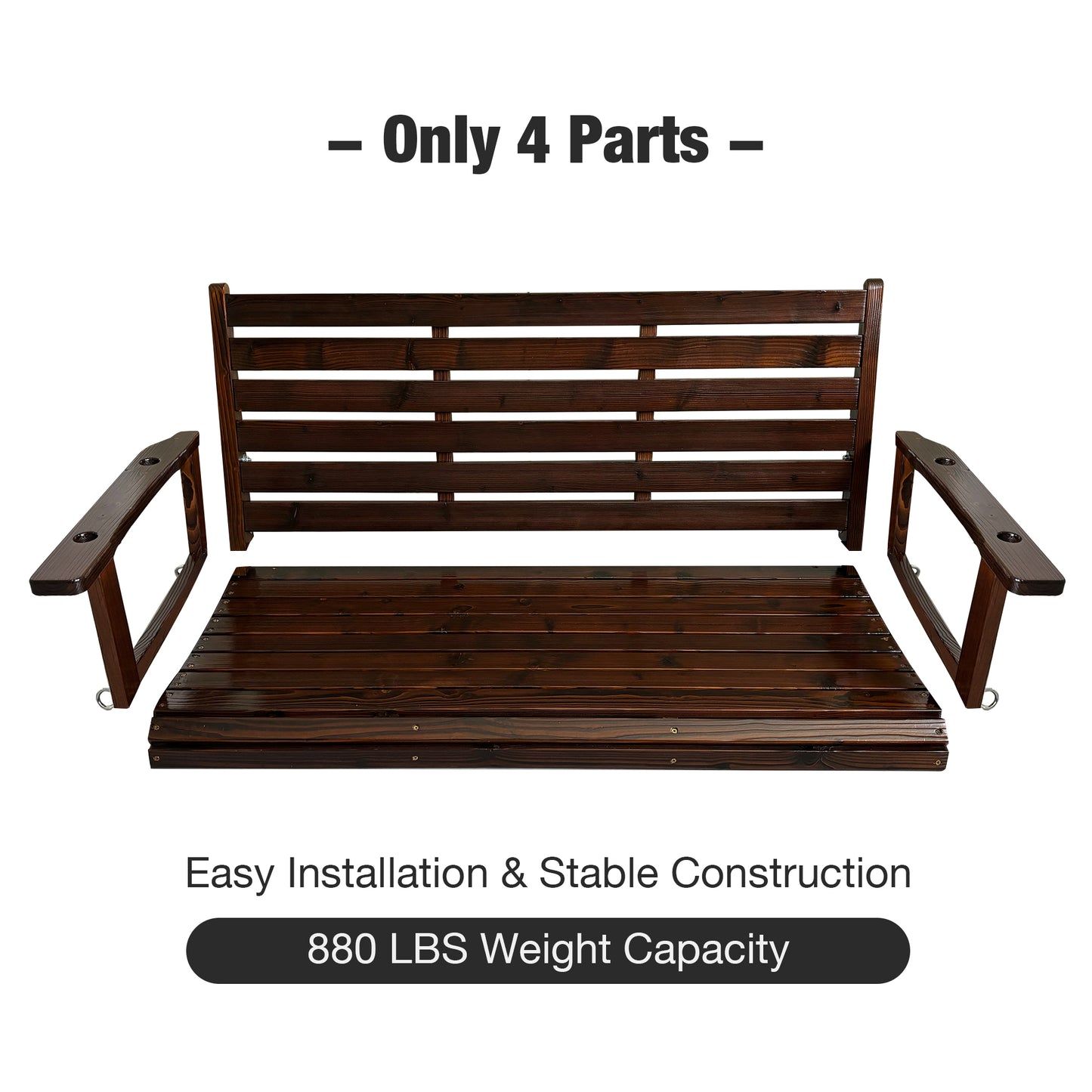 Fortune Candy Wooden Porch Swing 2-Seater Extra Large, Ergonomic Seat, Bench Swing with Hanging Chains, for Outdoor Patio Garden Yard (Deep Brown)