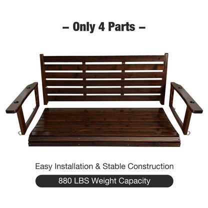 Fortune Candy Wooden Porch Swing 2-Seater Extra Large, Ergonomic Seat, Bench Swing with Hanging Chains, for Outdoor Patio Garden Yard (Deep Brown)