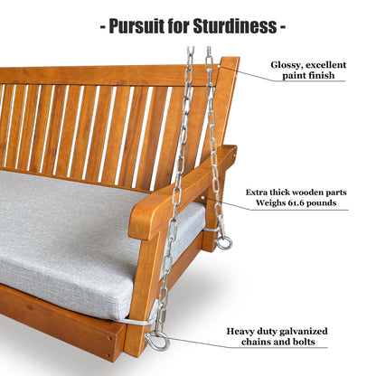 Fortune Candy 75.1 in. Solid Fir Wood Frame Porch Swing Bed with Thick Cushion-Outdoor Hanging Daybed, Teak, Heavy Duty 1000 LBS