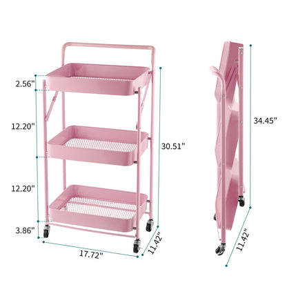 Fortune Candy Foldable 3-Tier Rolling Utility Cart, No-Assembly Multipurpose Storage Organizer with Handle for Home or Office, Pink