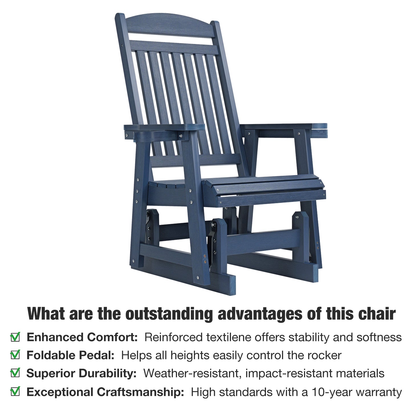 Fortune Candy 1 Person Poly Lumber Patio Glider, with Cup Holders, High Backrest and Deep Contoured Seat, HIPS Material (Navy Blue)