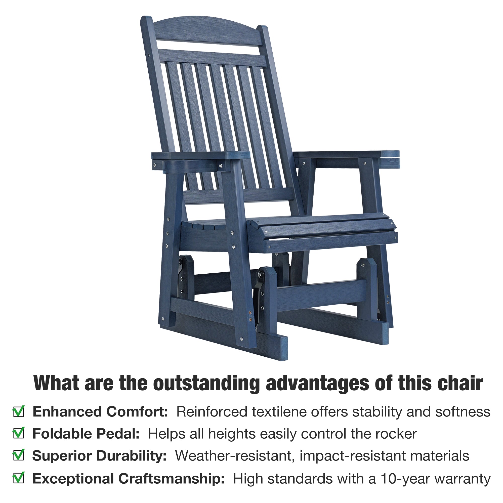 Fortune Candy 1 Person Poly Lumber Patio Glider, with Cup Holders, High Backrest and Deep Contoured Seat, HIPS Material (Navy Blue)