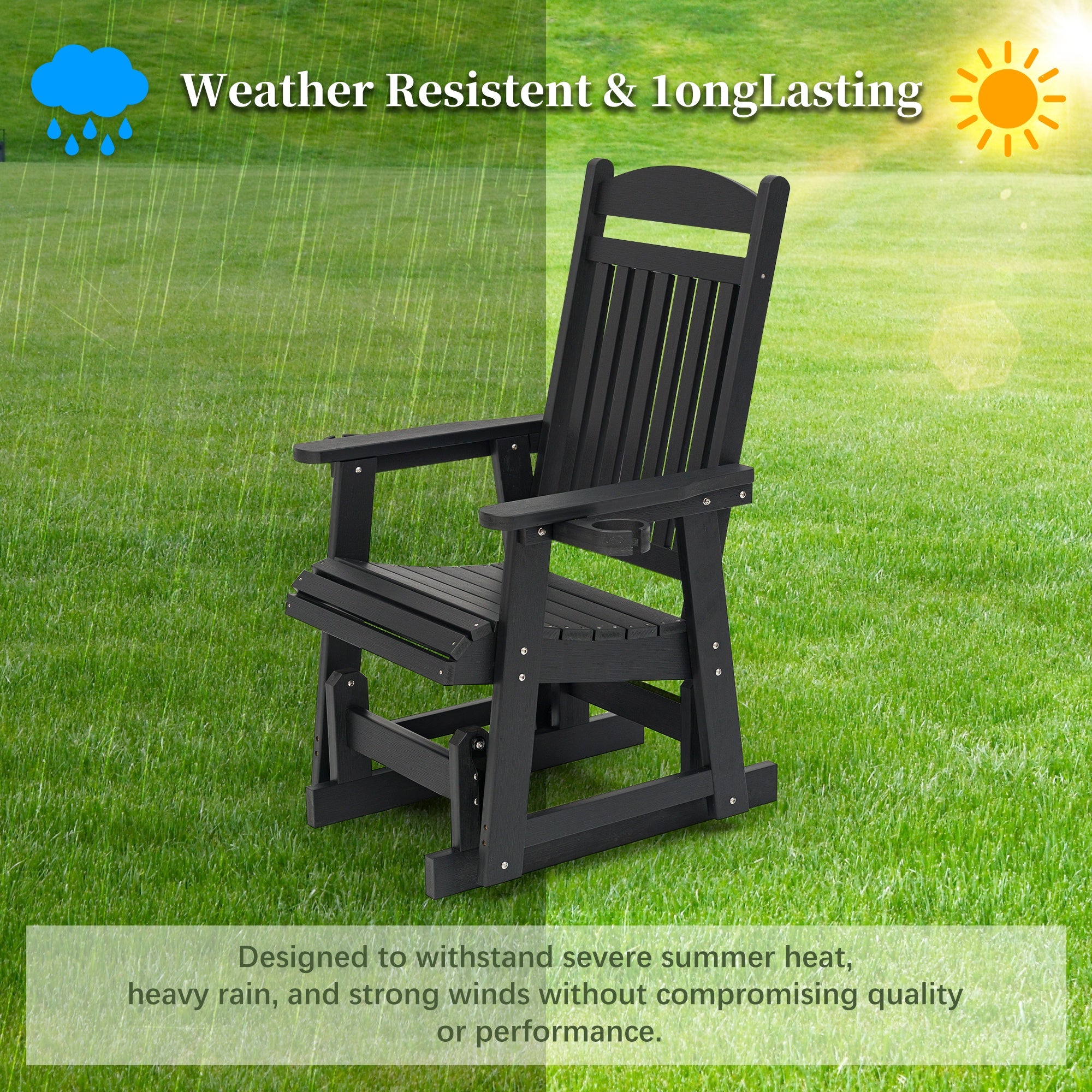 Fortune Candy 1-Person Poly Lumber Patio Glider, with Cup Holders, High Backrest and Deep Contoured Seat, HIPS Material (Matte Black)