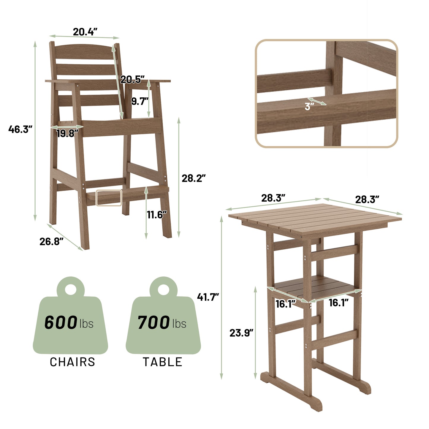 Poly Lumber Patio HIPS Bar Set, 2-Person Plastic Outdoor Bar Stools with Table, Teak Tone, 600 lb. Weight Capacity