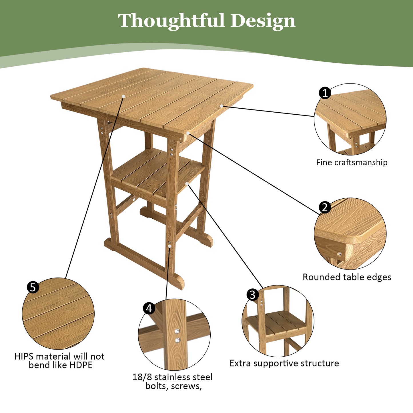 Poly Lumber Patio HIPS Bar Set, 2-Person Plastic Outdoor Bar Stools with Table, Teak Tone, 600 lb. Weight Capacity