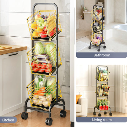 Fortune Candy 3-Tier Metal Rolling Storage Basket Cart, Black Gold Utility Organizer with Wheels for Books, Toys, Food, Vegetables, and More