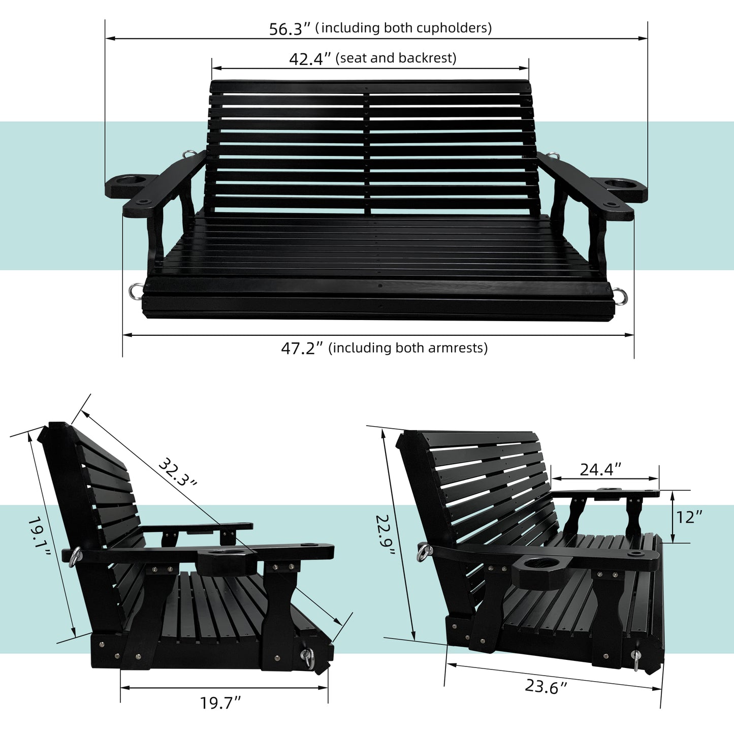 Fortune Candy 4 ft. Wooden Porch Swing 2-Seater for Outdoor Patio Garden Yard (Black)