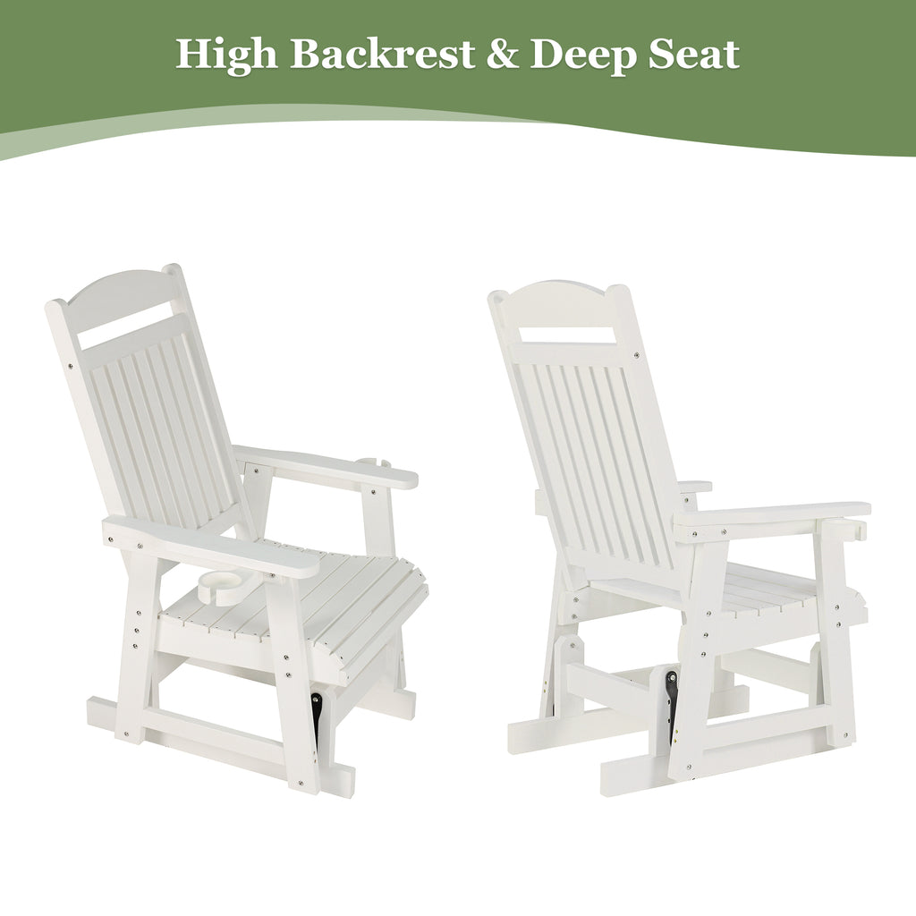 Fortune Candy 1-Person Poly Lumber Patio Glider, with Cup Holders, High Backrest and Deep Contoured Seat, HIPS Material (White)