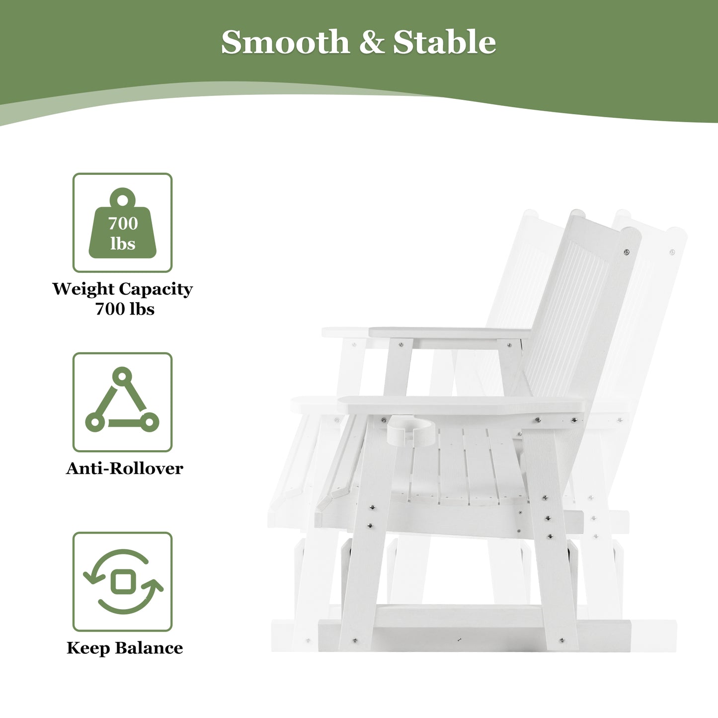 Fortune Candy Poly Lumber Patio Glider  2 Seater with Ergonomic Deep Seat, High Backrest, Cup Holders, for Outdoor Garden, Yard, or Deck