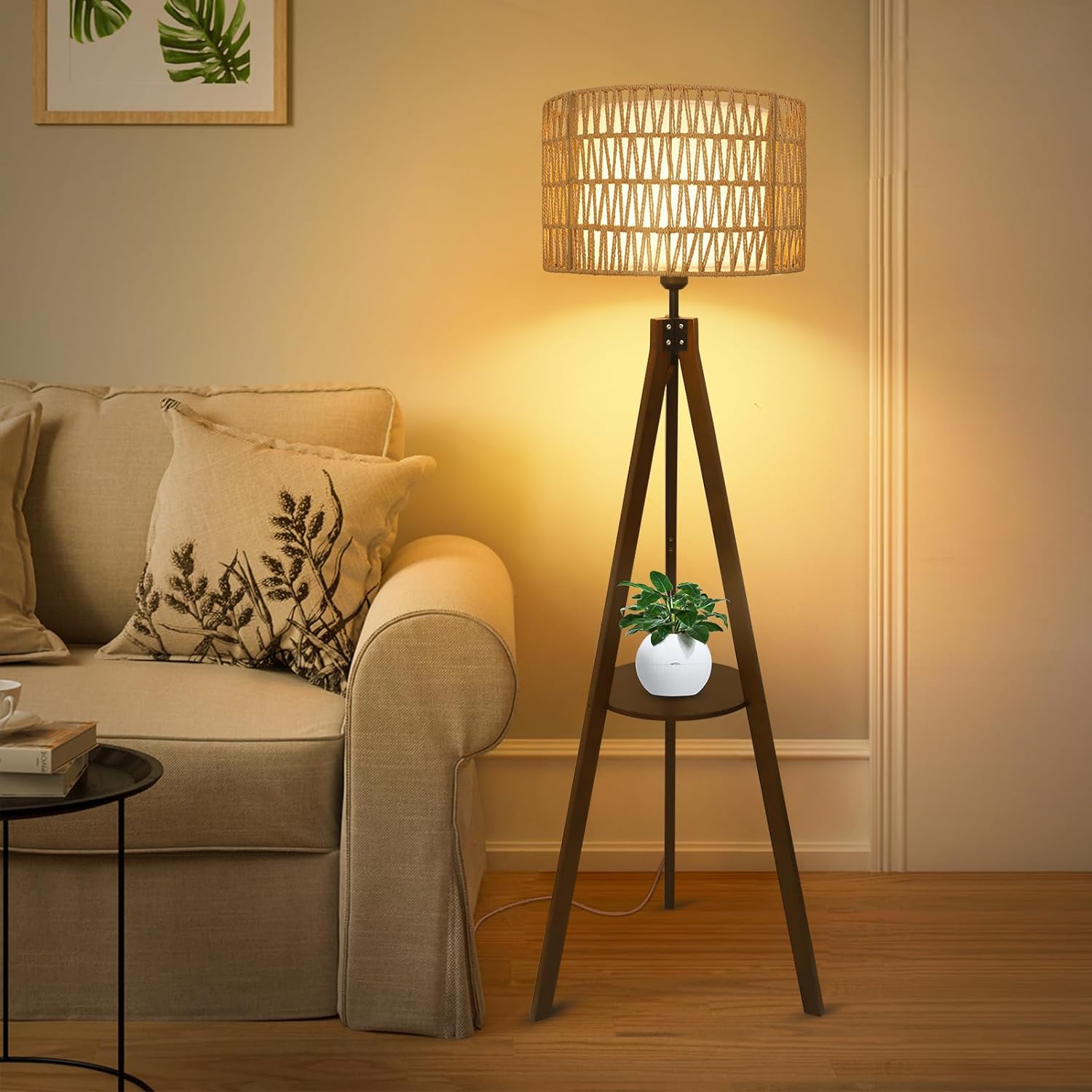 Fortune Candy 59'' Tall Boho Tripod Floor Lamp with Shelves, Mid-Century Modern Wood Standing Lamp with Rattan and Fabric Shades for Home