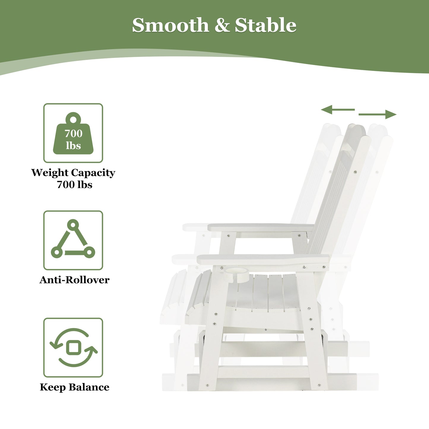 Fortune Candy 1-Person Poly Lumber Patio Glider, with Cup Holders, High Backrest and Deep Contoured Seat, HIPS Material (White)