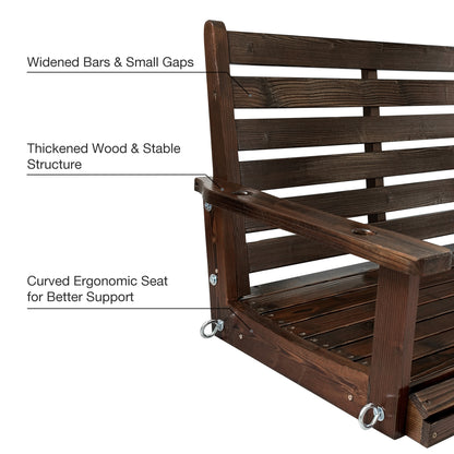 Fortune Candy Wooden Porch Swing 2-Seater Extra Large, Ergonomic Seat, Bench Swing with Hanging Chains, for Outdoor Patio Garden Yard (Deep Brown)