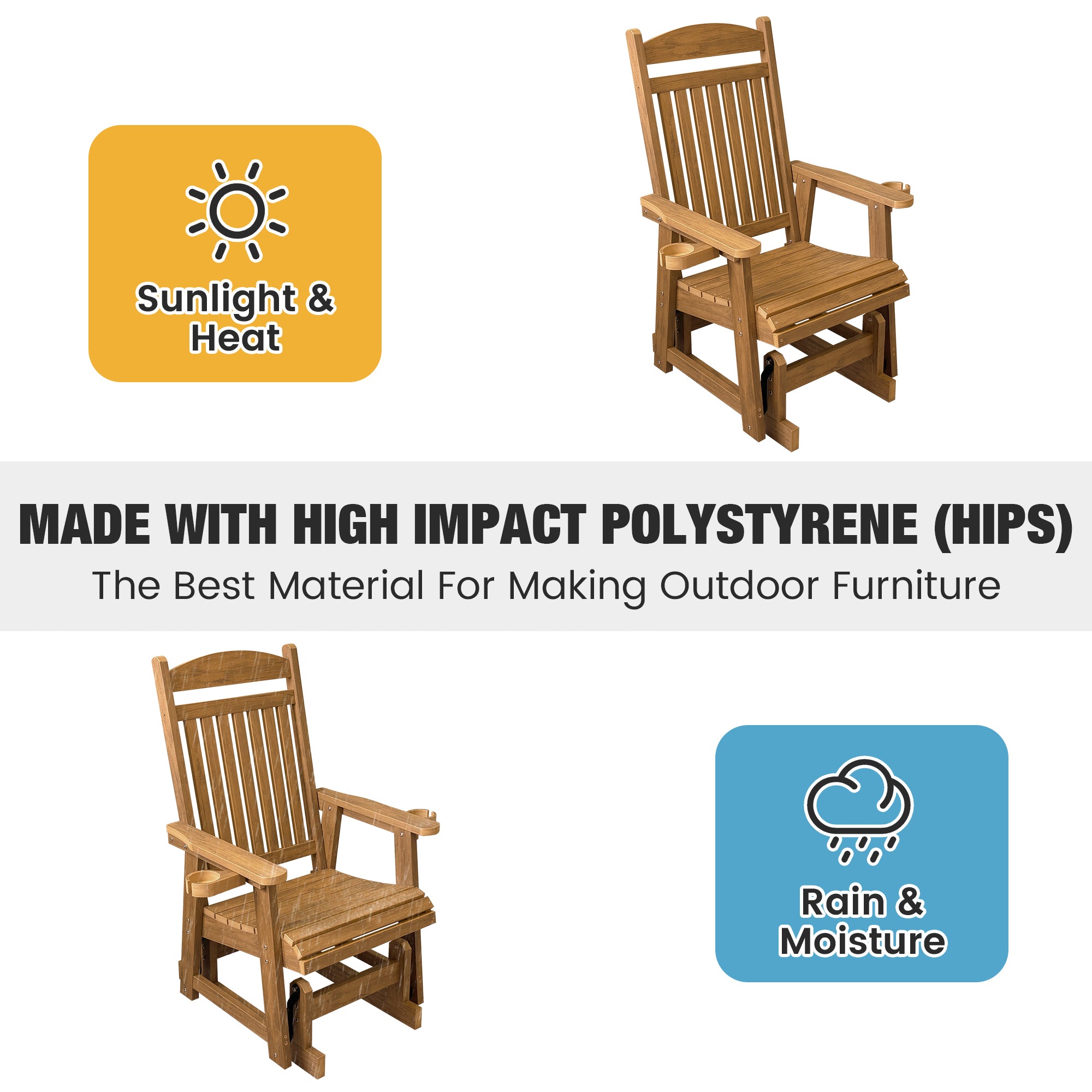 Fortune Candy 1-Person Poly Lumber Patio Glider, with Cup Holders, High Backrest and Deep Contoured Seat, HIPS Material (Cedar Tone)