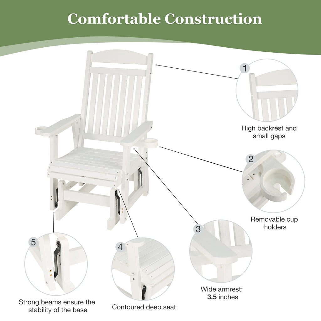 Fortune Candy 1-Person Poly Lumber Patio Glider, with Cup Holders, High Backrest and Deep Contoured Seat, HIPS Material (White)