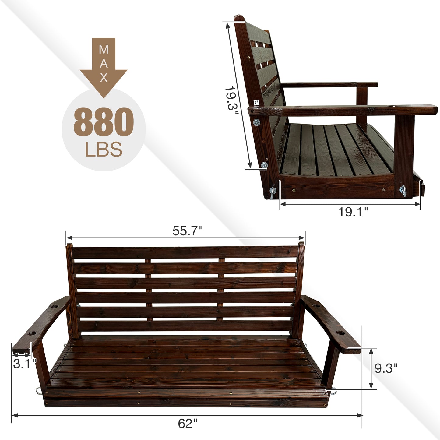 Fortune Candy Wooden Porch Swing 2-Seater Extra Large, Ergonomic Seat, Bench Swing with Hanging Chains, for Outdoor Patio Garden Yard (Deep Brown)