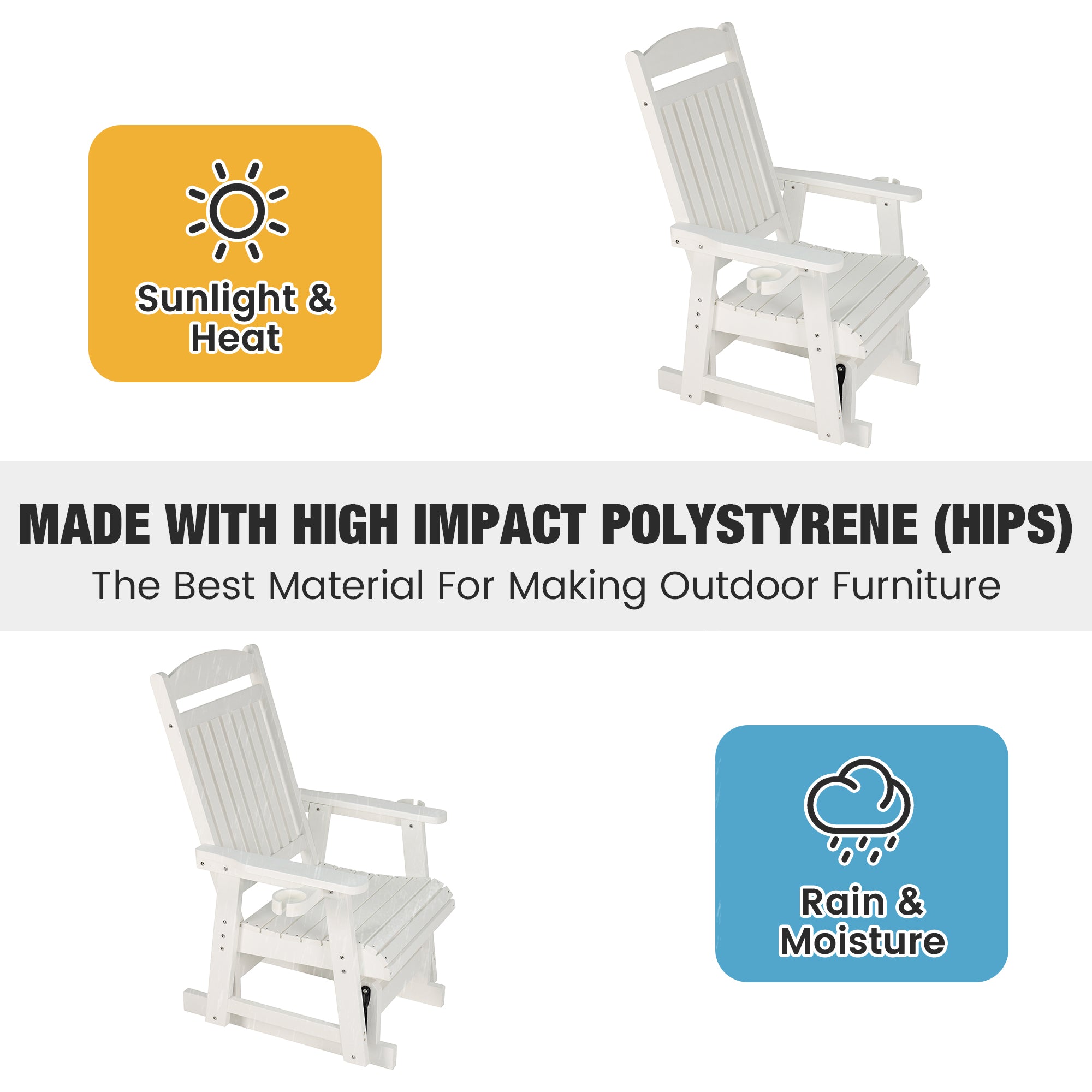 Fortune Candy 1-Person Poly Lumber Patio Glider, with Cup Holders, High Backrest and Deep Contoured Seat, HIPS Material (White)