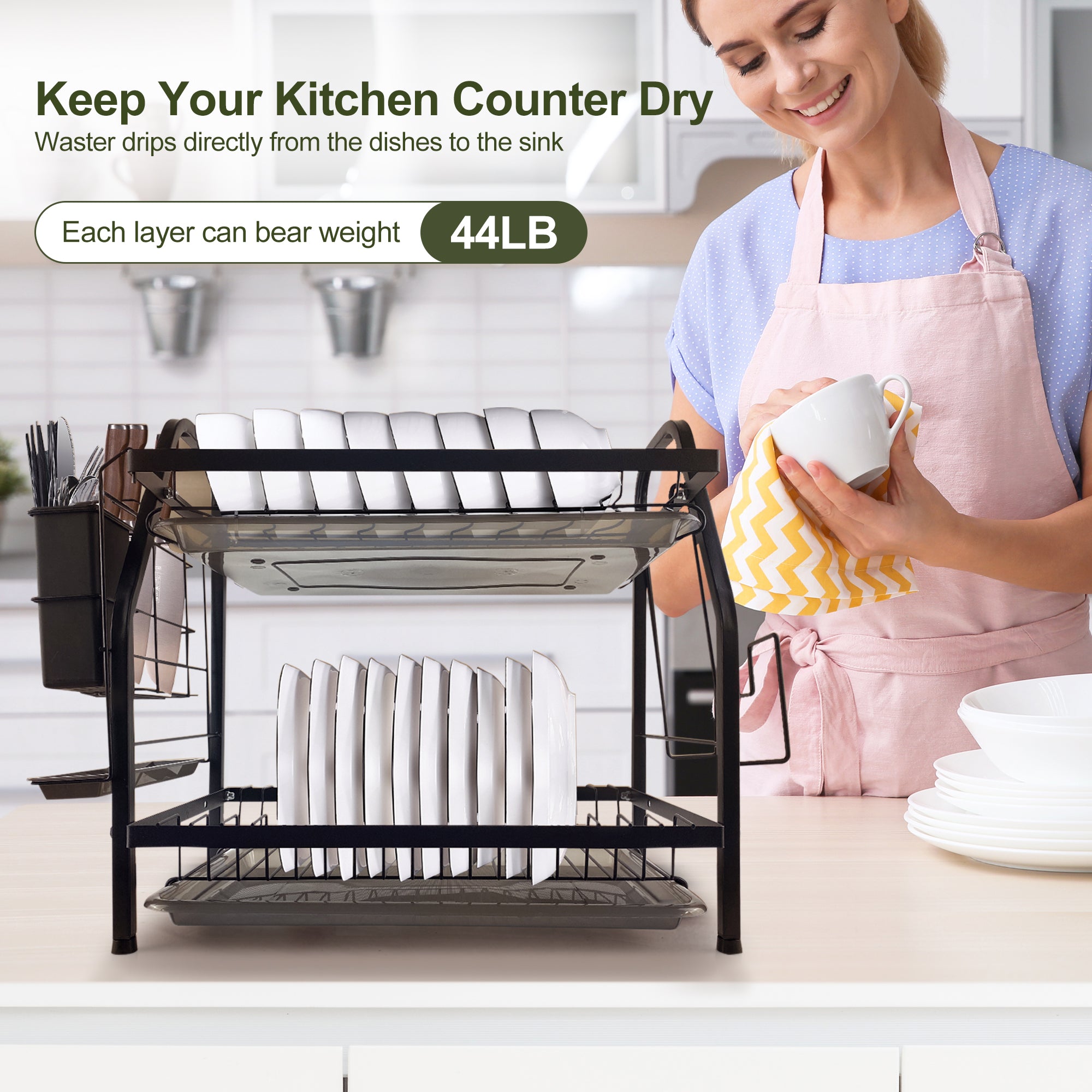 Fortune Candy 16'' Tall Large Capacity Multifunction Storage 2 Tier Dish Drying Rack