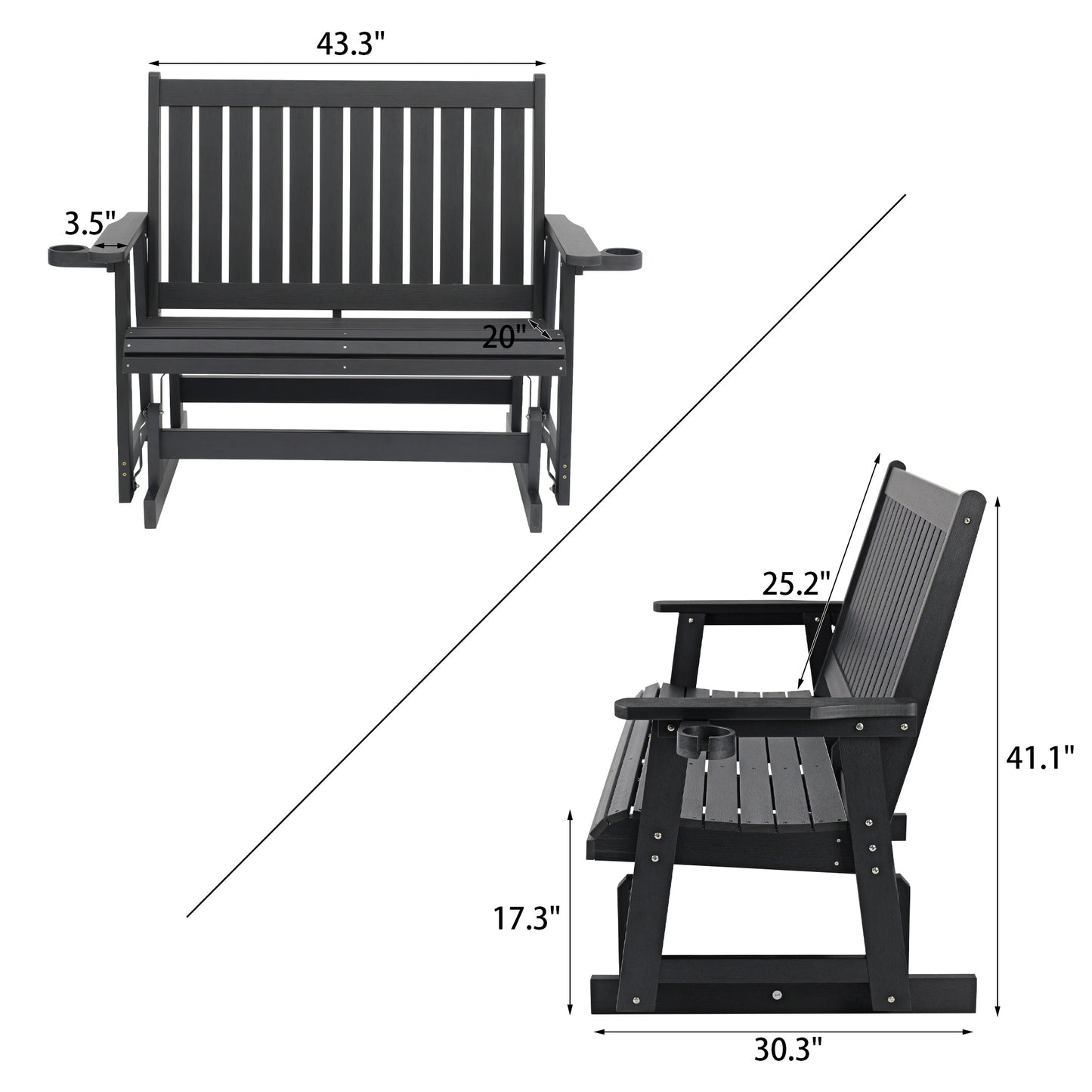 Fortune Candy Poly Lumber Patio Glider  2 Seater with Ergonomic Deep Seat, High Backrest, Cup Holders, for Outdoor Garden, Yard, or Deck