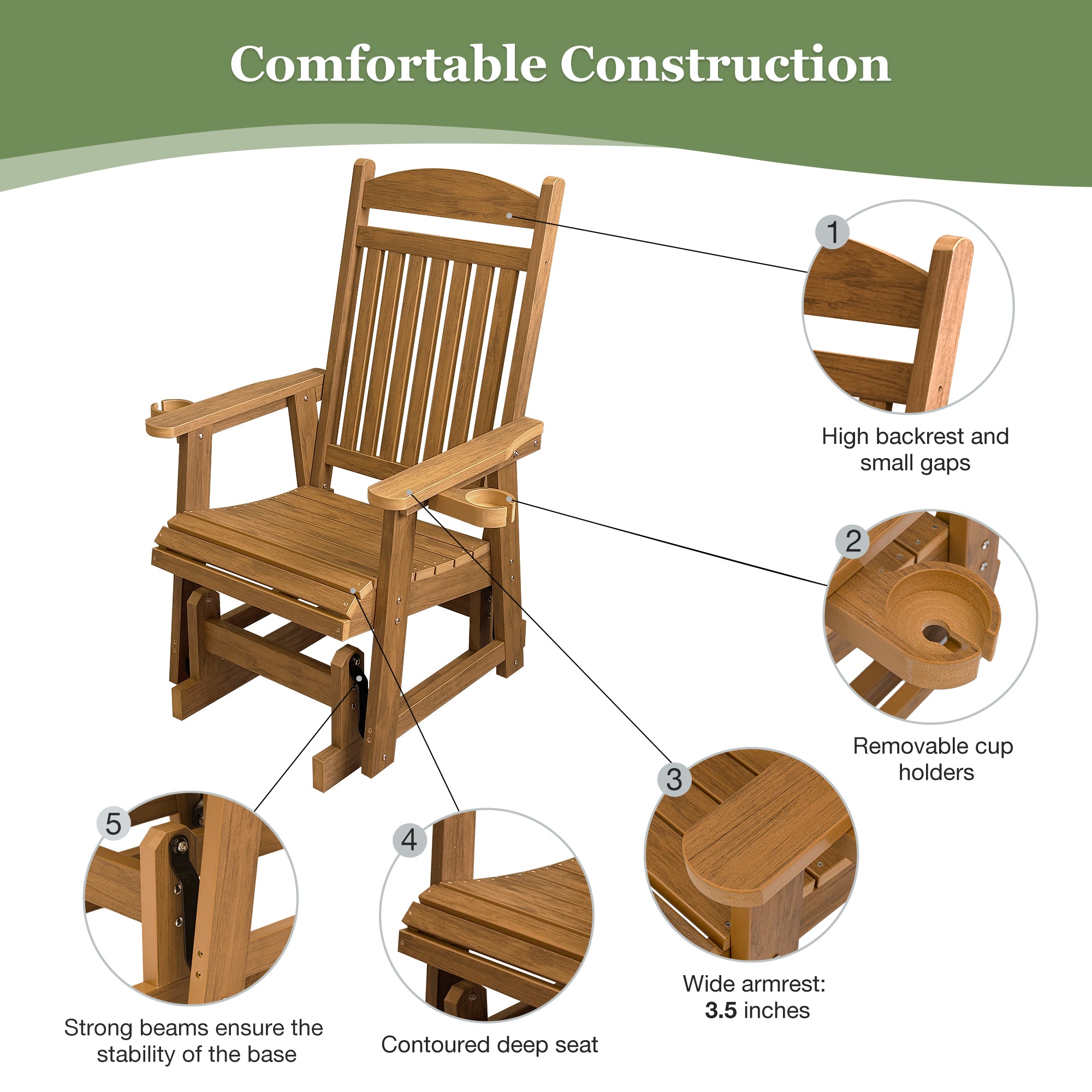 Fortune Candy 1-Person Poly Lumber Patio Glider, with Cup Holders, High Backrest and Deep Contoured Seat, HIPS Material (Cedar Tone)