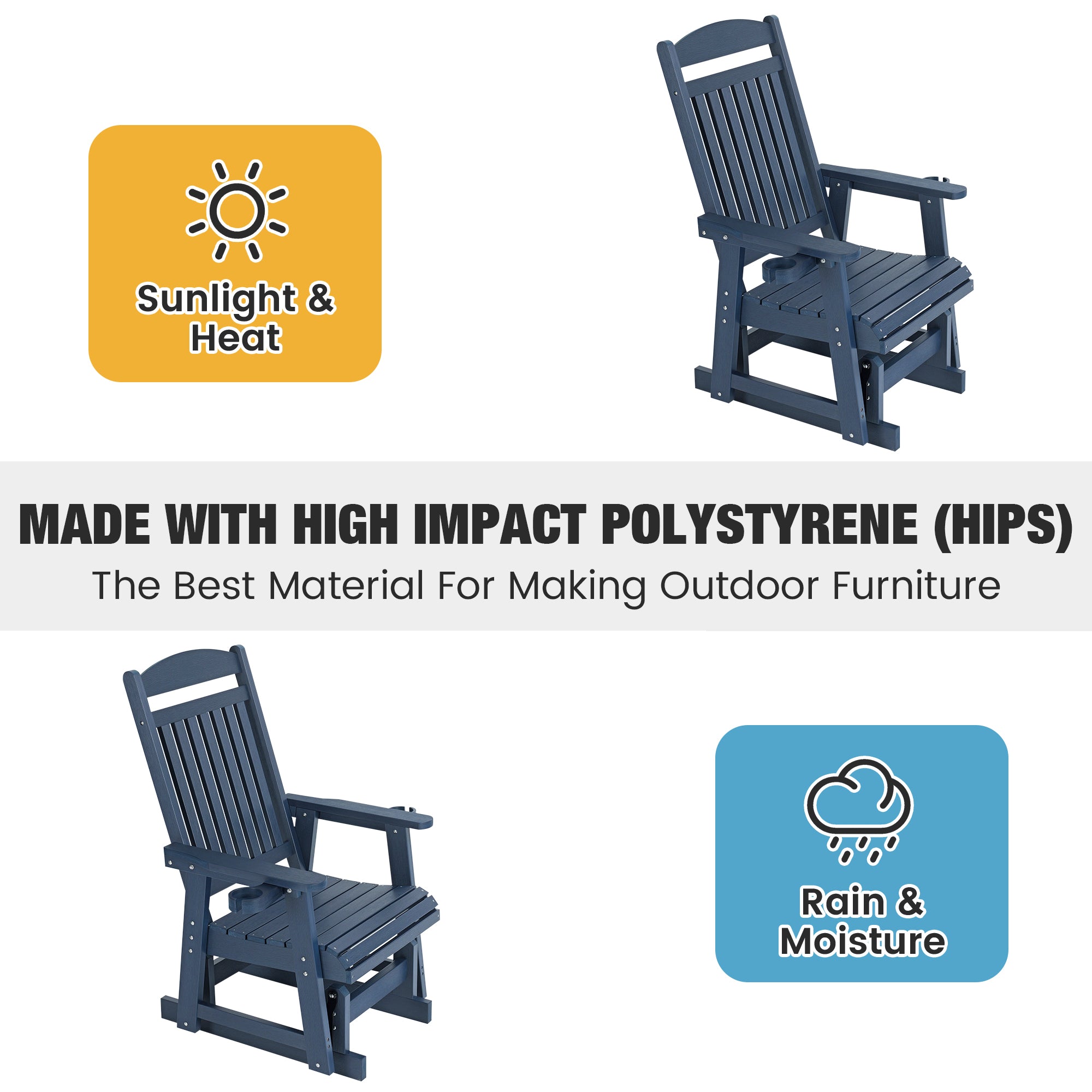 Fortune Candy 1 Person Poly Lumber Patio Glider, with Cup Holders, High Backrest and Deep Contoured Seat, HIPS Material (Navy Blue)