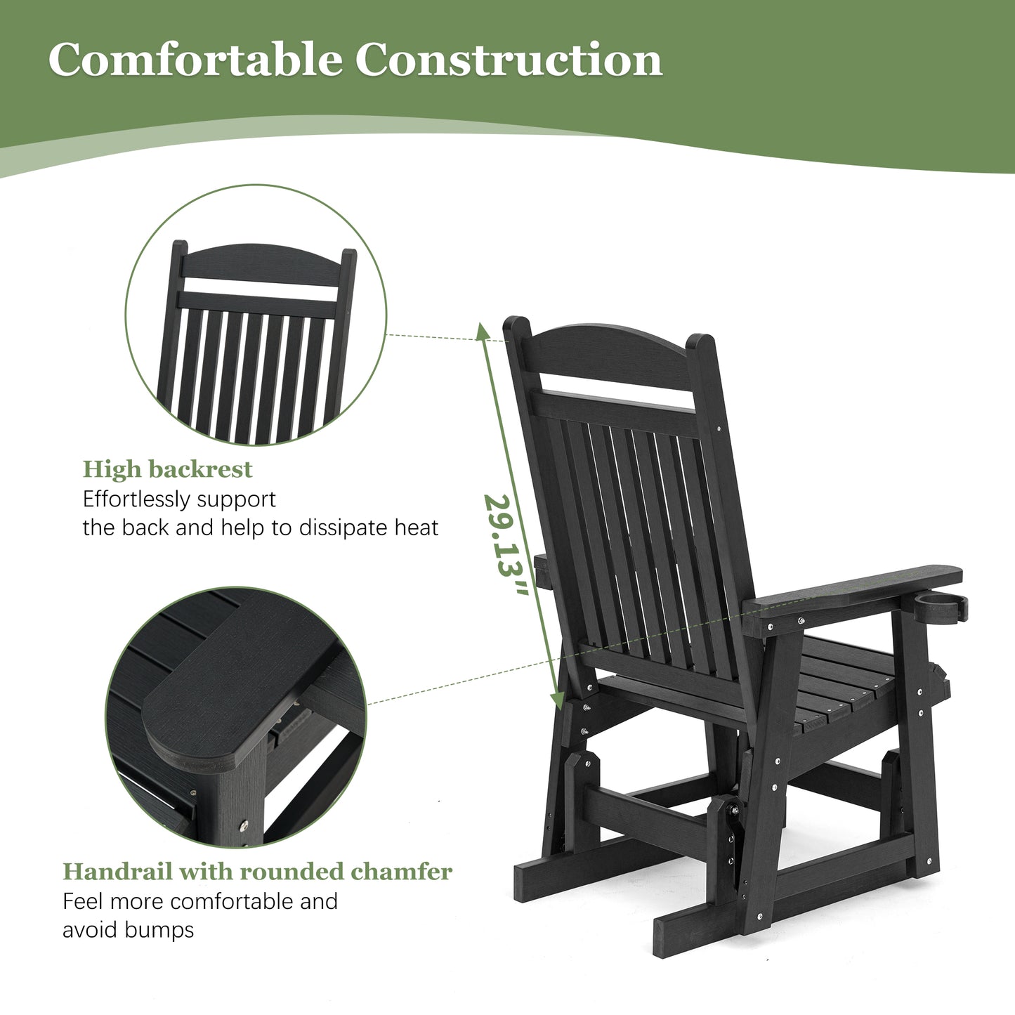 Fortune Candy 1-Person Poly Lumber Patio Glider, with Cup Holders, High Backrest and Deep Contoured Seat, HIPS Material (Matte Black)