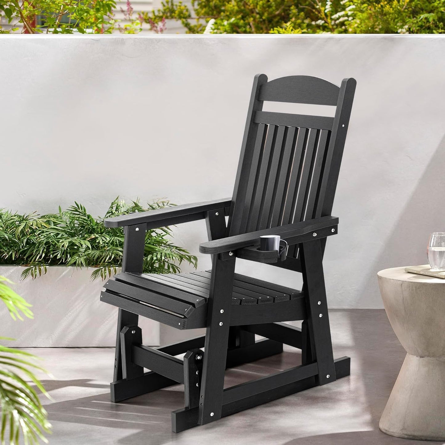 Fortune Candy 1-Person Poly Lumber Patio Glider, with Cup Holders, High Backrest and Deep Contoured Seat, HIPS Material (Matte Black)