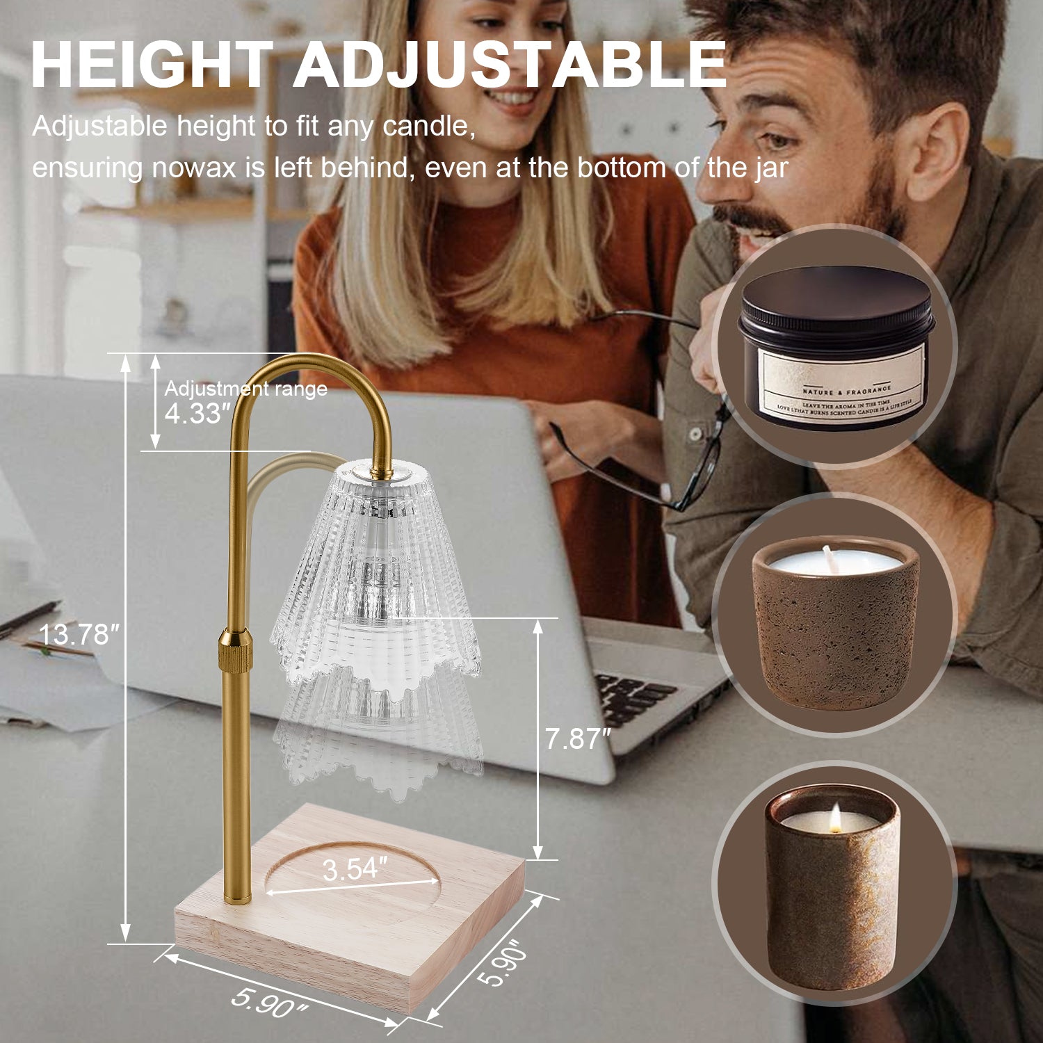 Fortune Candy Flameless Fragrant Candle Melter, Adjustment Knob, Dimmer & Timer, Wooden Base (Vintage-inspired Fluted Shade)