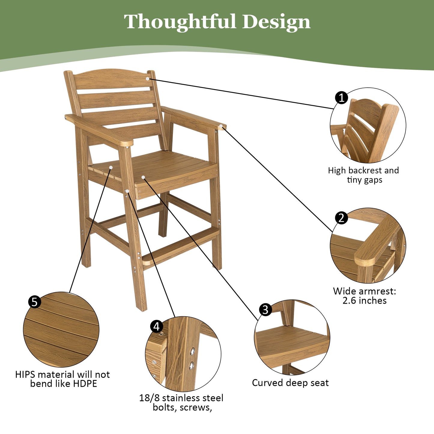 Poly Lumber Patio HIPS Bar Set, 2-Person Plastic Outdoor Bar Stools with Table, Teak Tone, 600 lb. Weight Capacity