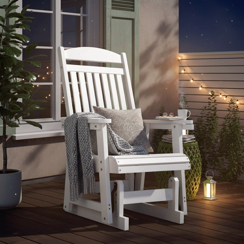 Fortune Candy 1-Person Poly Lumber Patio Glider, with Cup Holders, High Backrest and Deep Contoured Seat, HIPS Material (White)