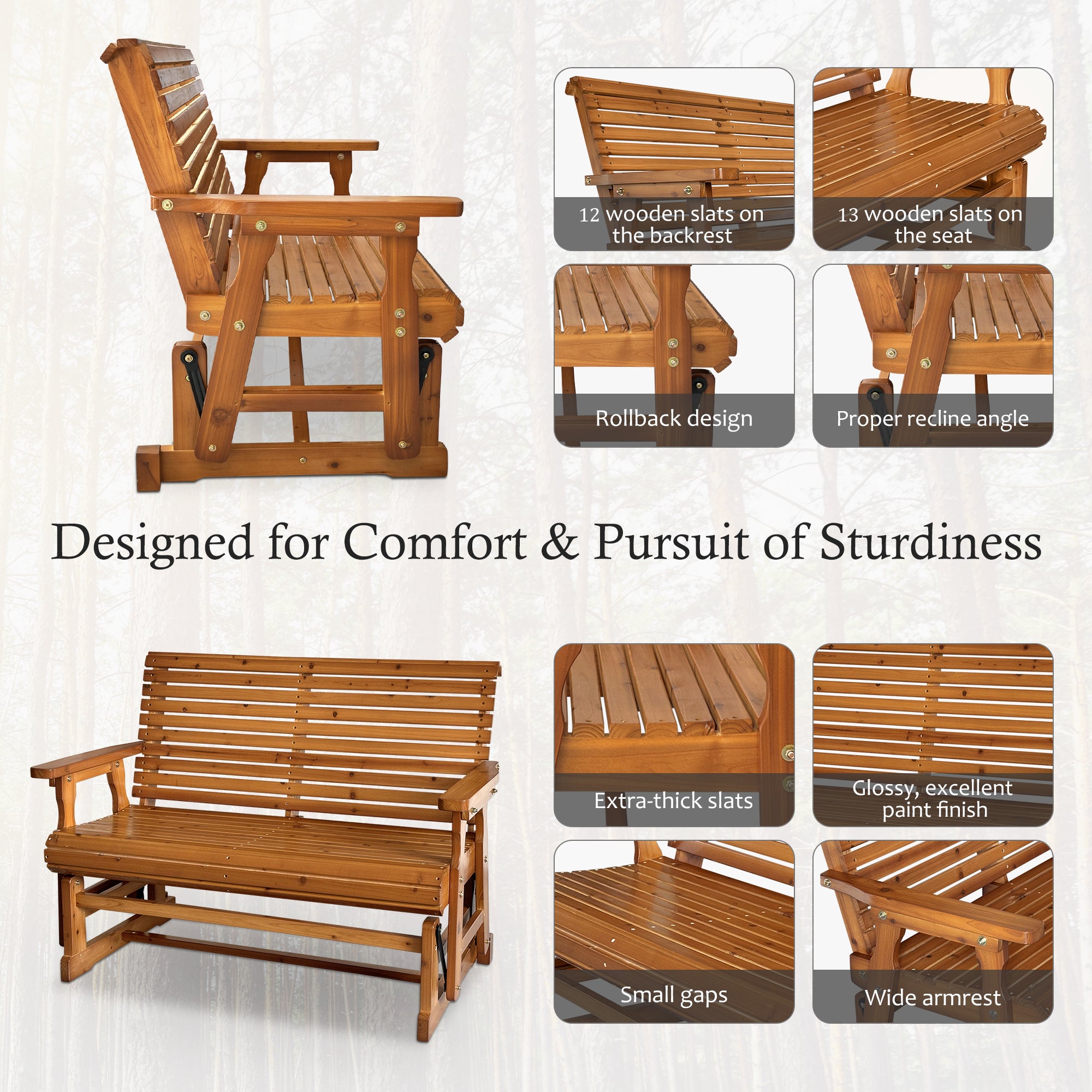 Fortune Candy 2 Person Wooden Patio Glider with High Roll Back
