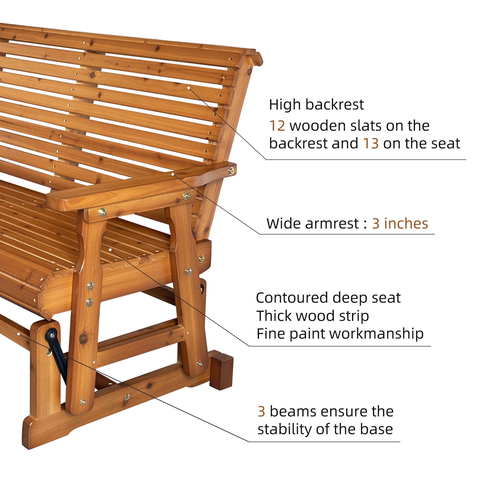 Fortune Candy 2 Person Wooden Patio Glider with High Roll Back
