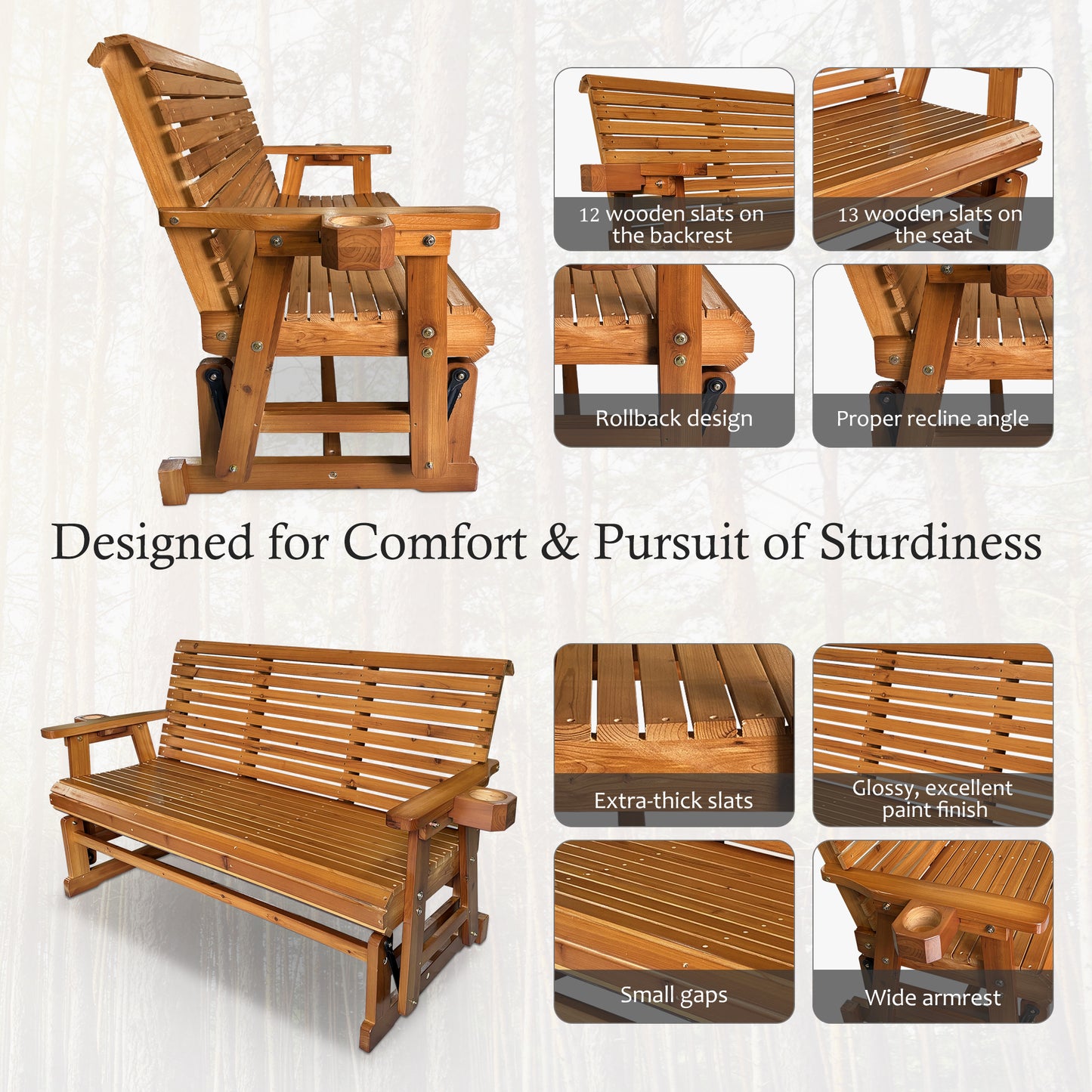 Fortune Candy 3 Person Wooden Patio Glider with Cup Holders, Cedar Tone