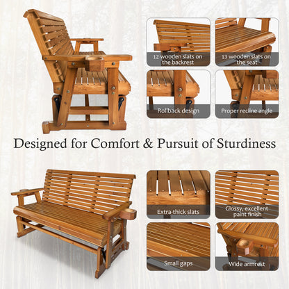 Fortune Candy 3 Person Wooden Patio Glider with Cup Holders, Cedar Tone