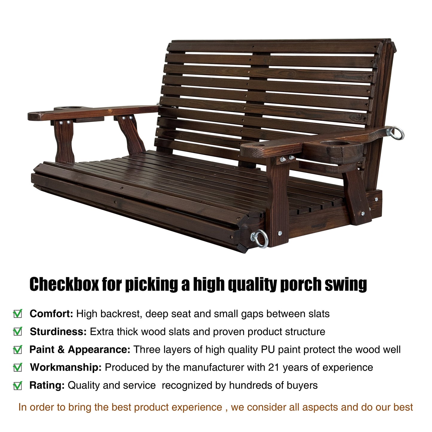 Fortune Candy 4.5 ft. Wooden Porch Swing 2-Seater for Outdoor Patio Garden Yard (Chocolate Tone)